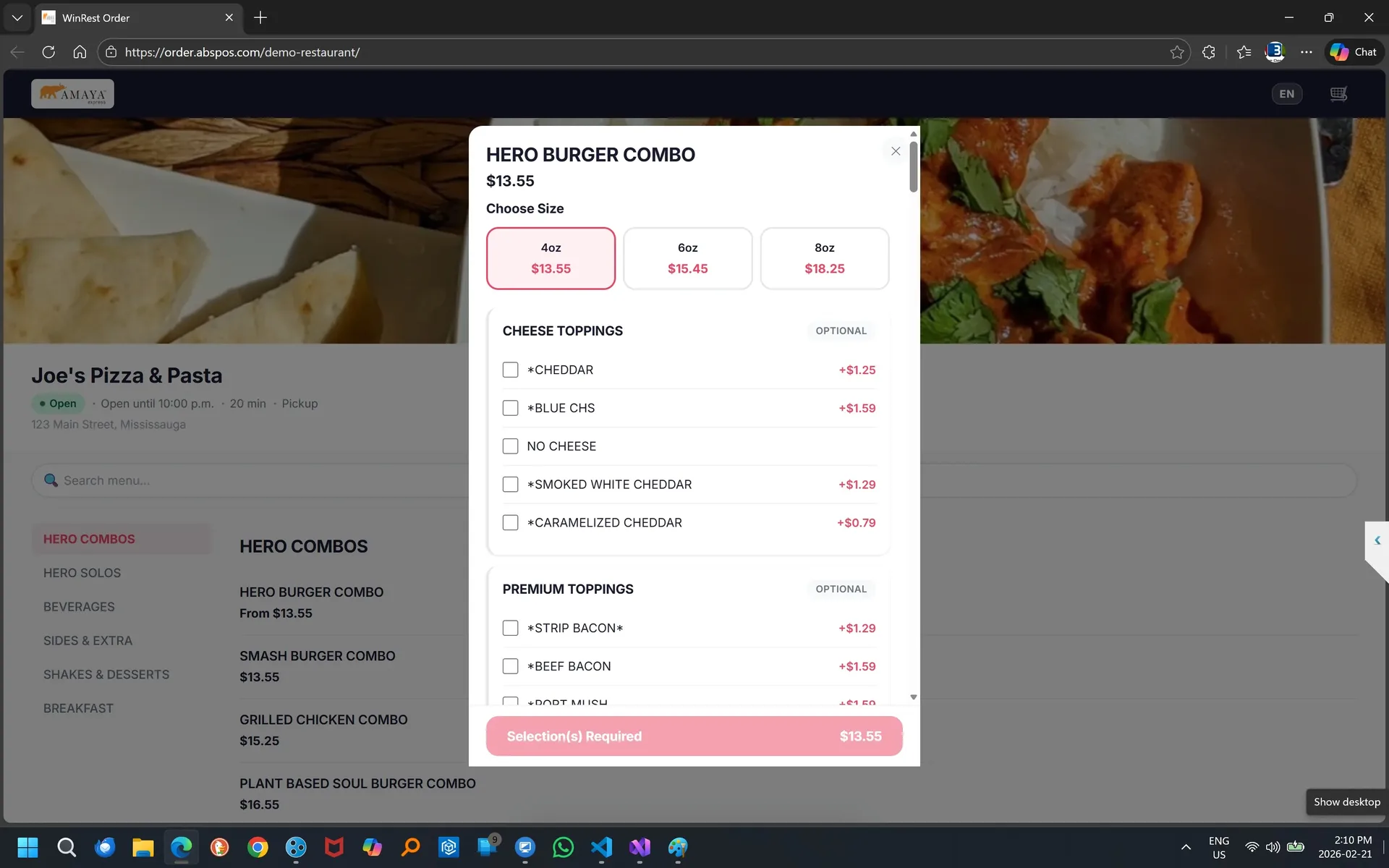 WinRest Order menu page with item customization showing size options, cheese toppings, and premium toppings with real-time pricing